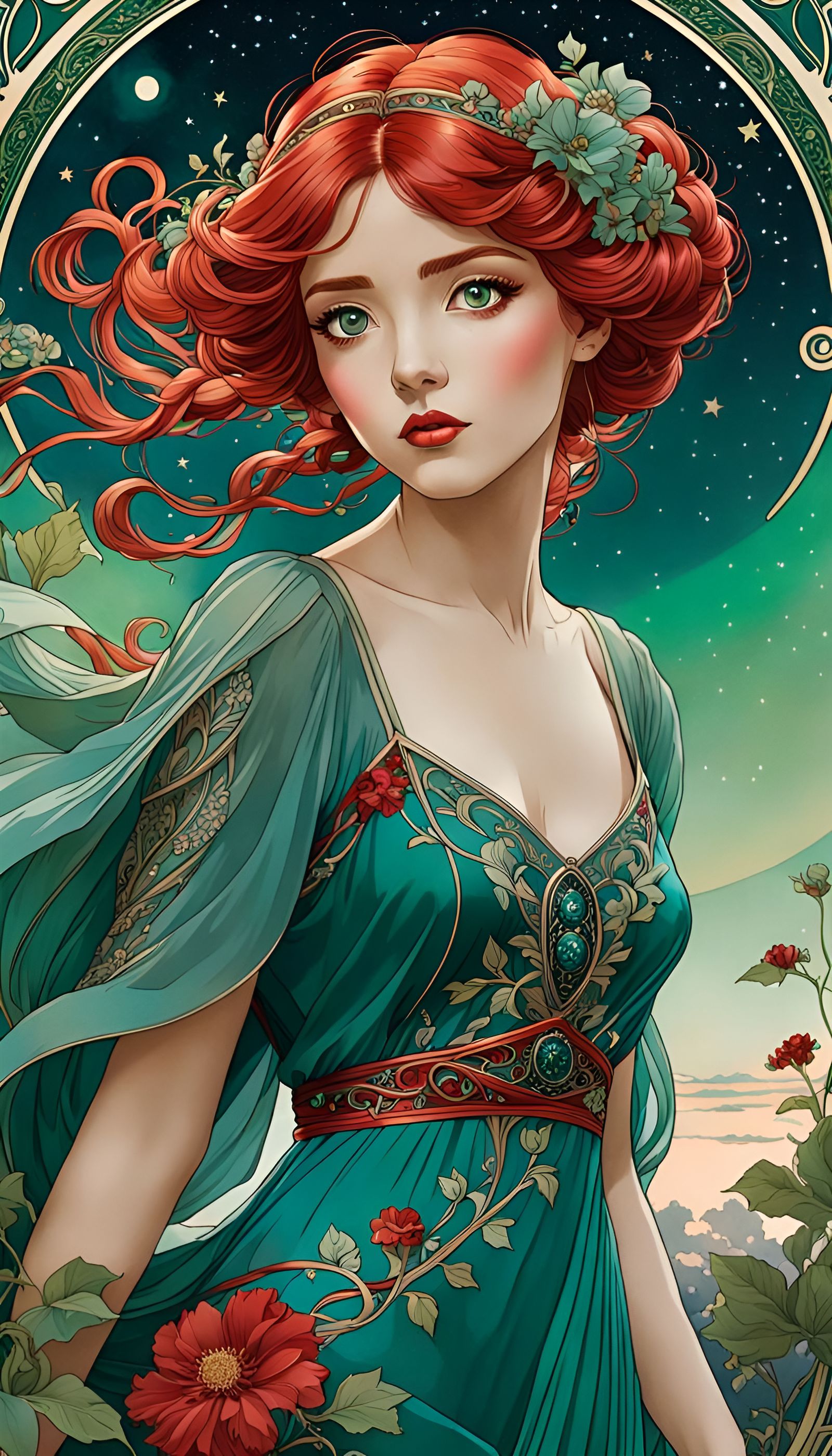 Art Nouveau Anime Woman with Red Hair