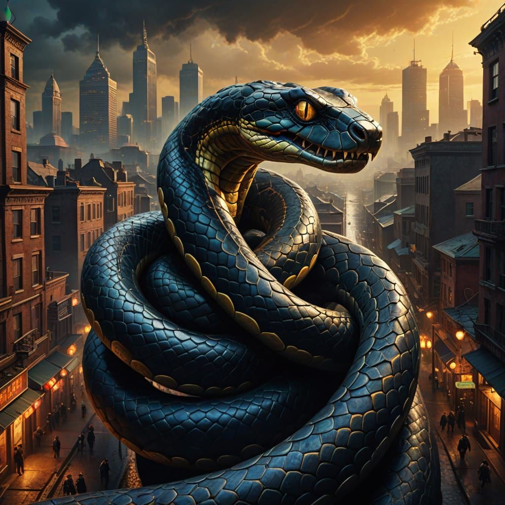 Giant Snake Engulfs City in Surreal Oil Painting