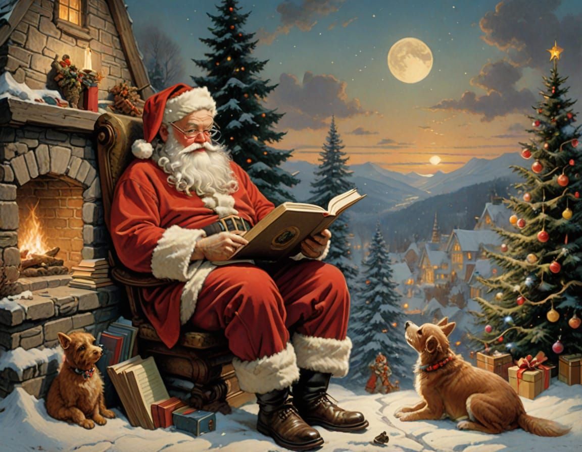 Santa Claus Reading a Book in Cozy Style