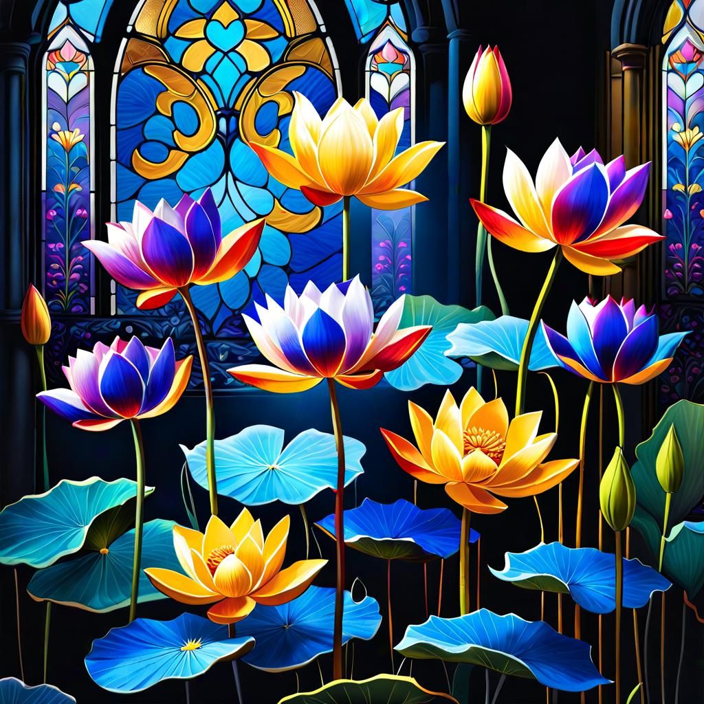 Blue Lotus Flowers on Lake in Mixed Media Style