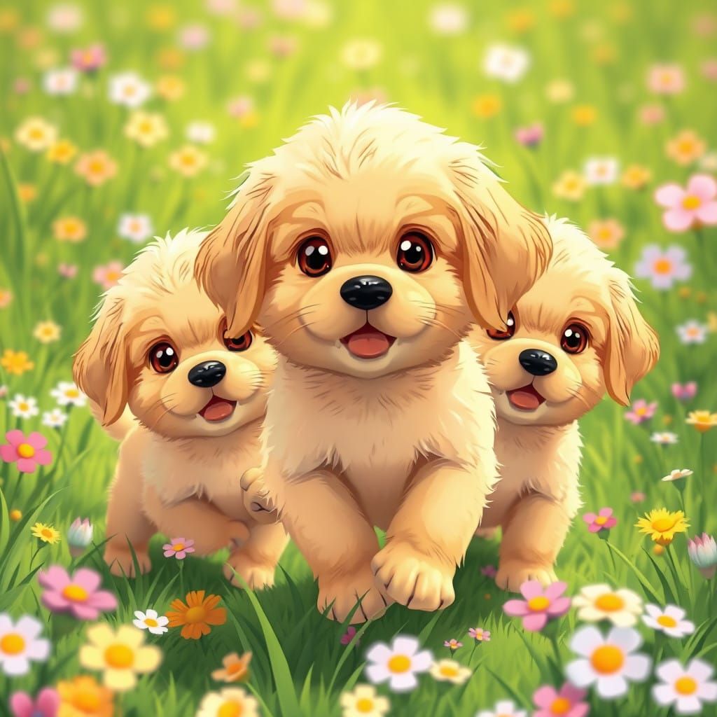 Chibi Golden Retriever Puppies Play in Vibrant Anime-Style M...