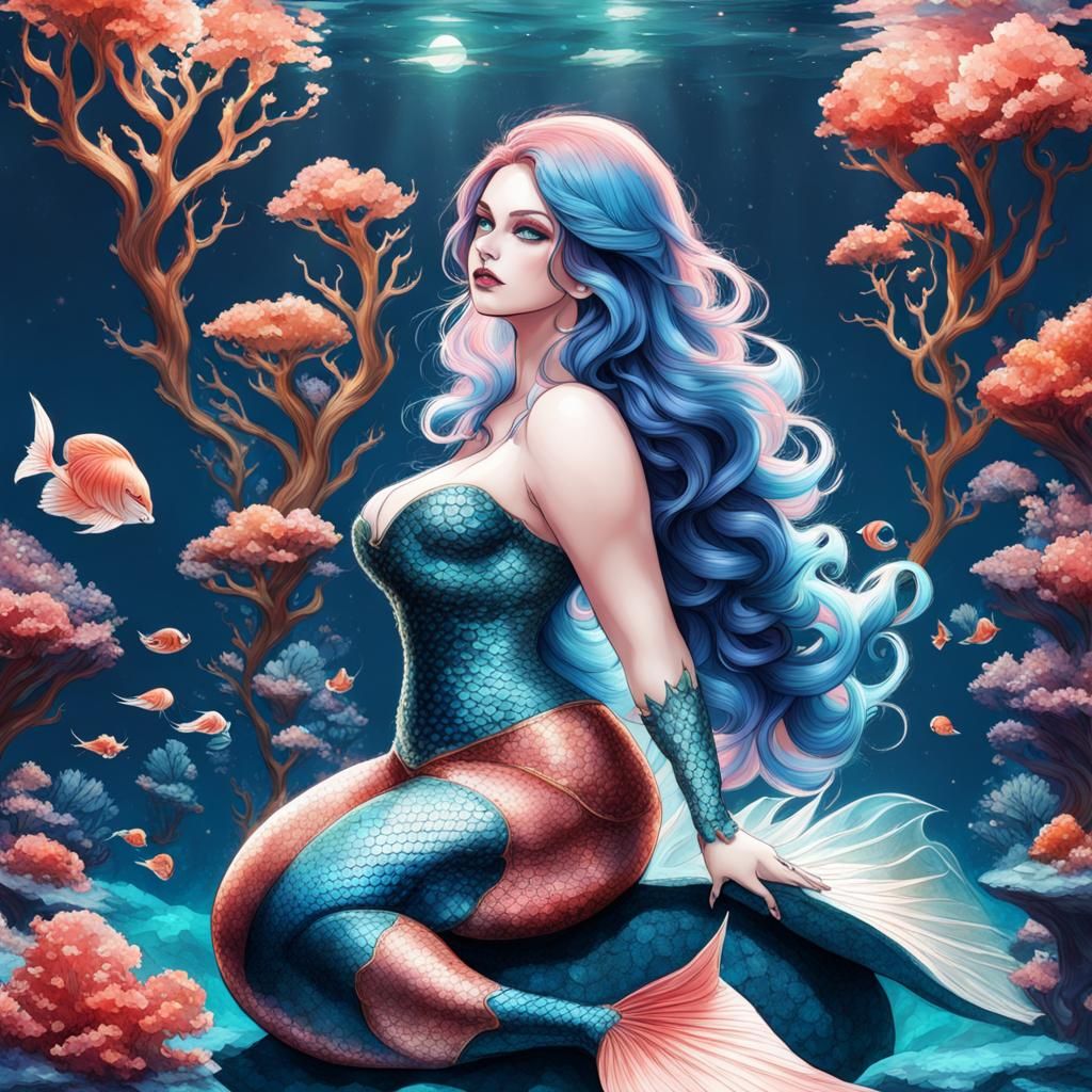Fantasy Mermaid with Blue Hair in Digital Art