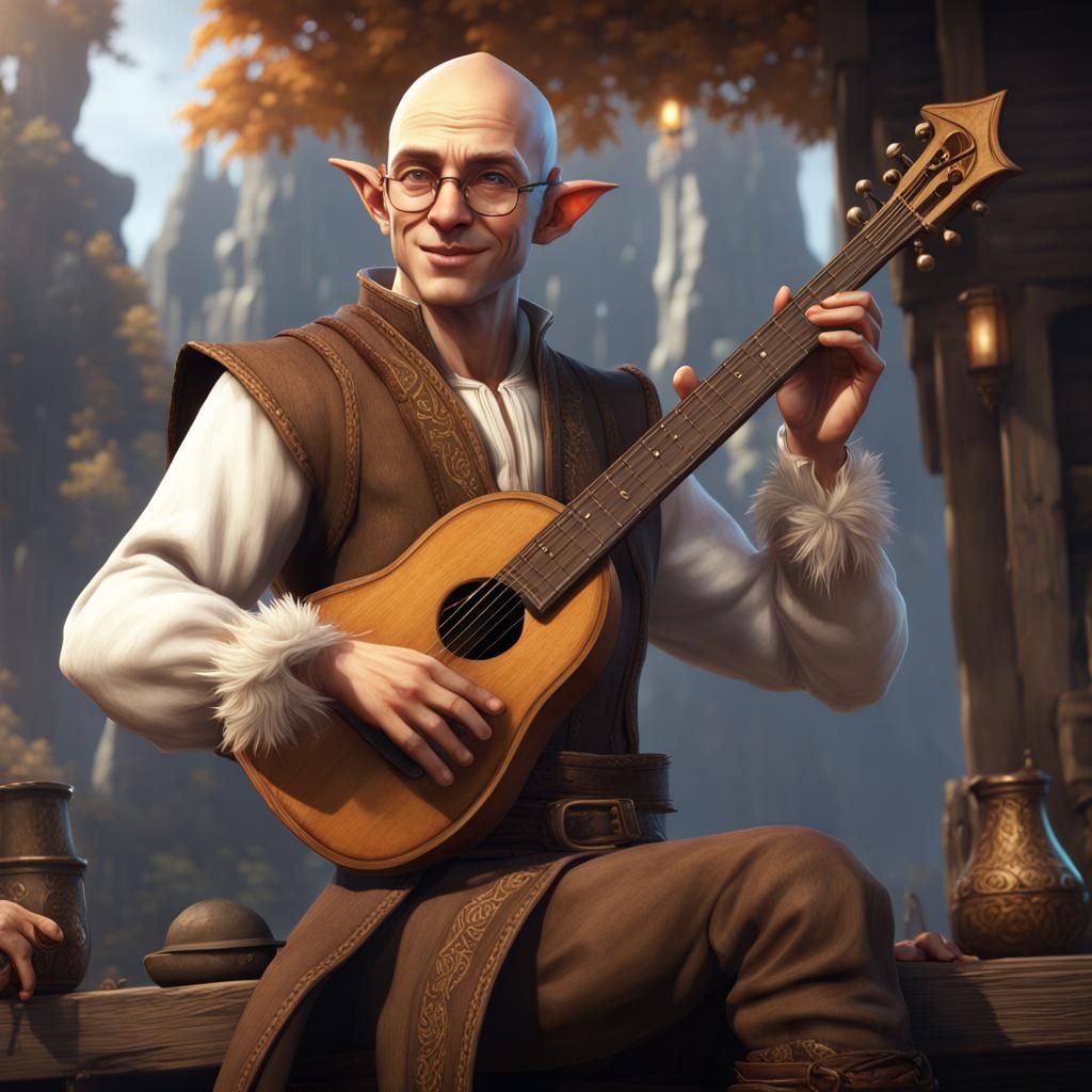 Bald Elf Bard with Lute: Detailed Fantasy Art