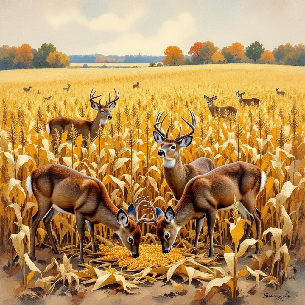 Deer in Golden Cornfield: Rural Landscape