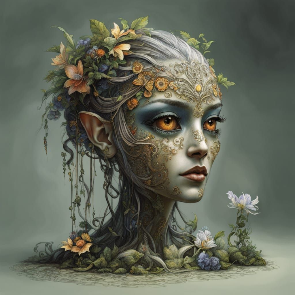 Golden Pointillism Art: Delicate Fantasy Creature in Temple