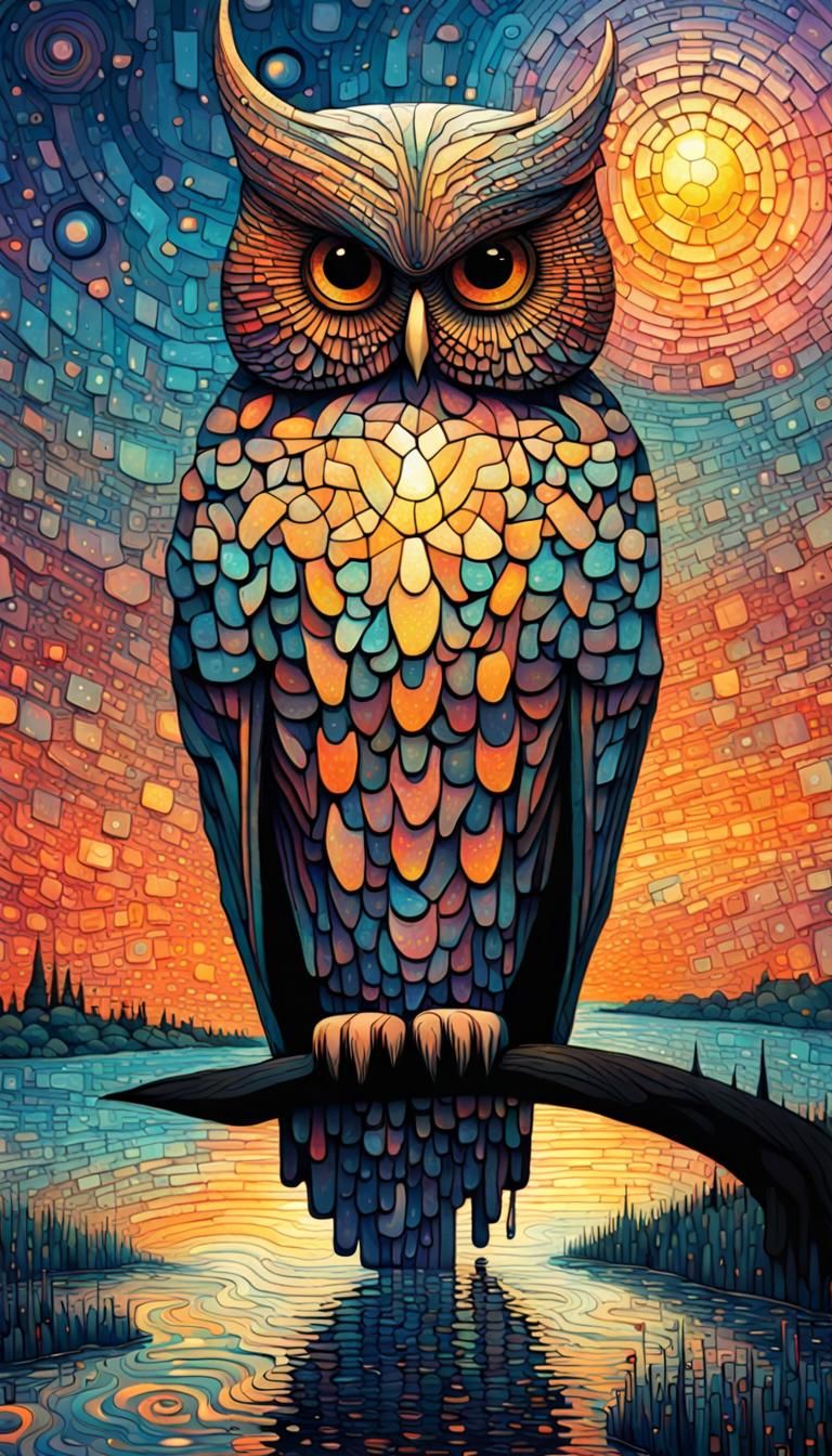 Owl in Flower Kingdom: Geometric Futurism Sunset