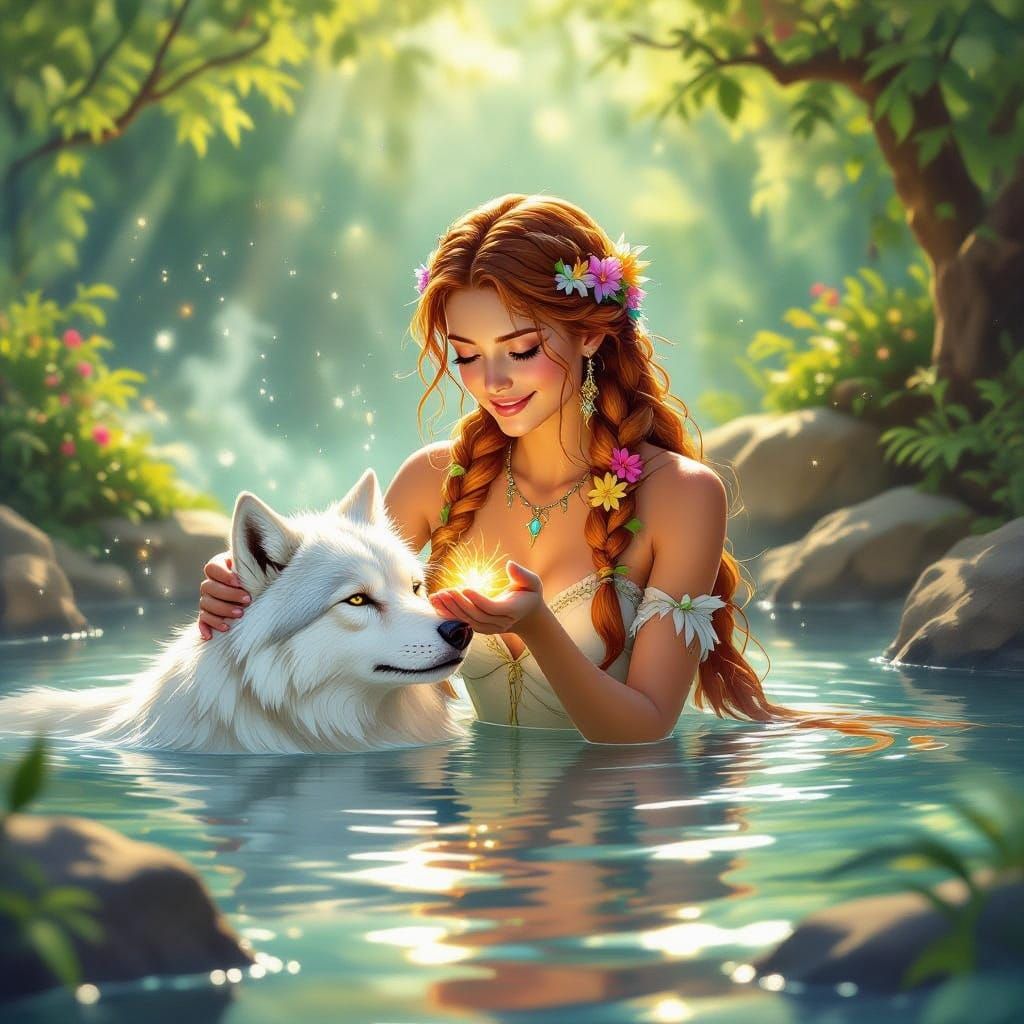 Fantasy Beast Mistress Heals Injured Wolf in Sunlit Hot Spri...
