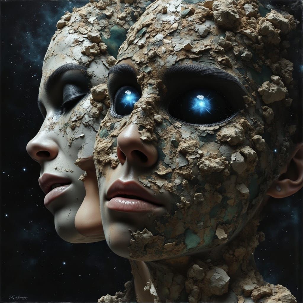 Surreal Collage: Camouflaged Figure With Black Opal Eyes Hid...