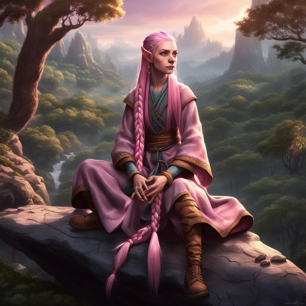 Pink Haired Elf Overlooking Forest in Animation Style