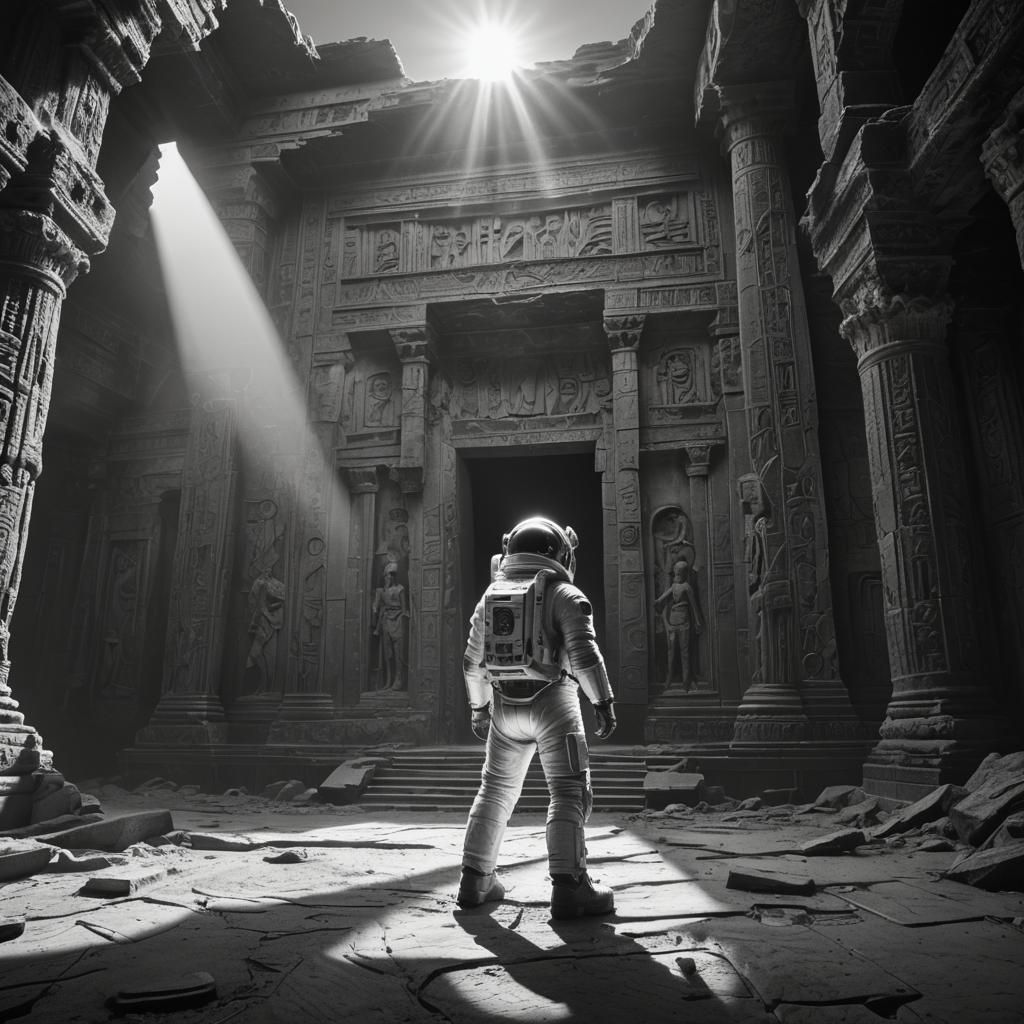 Astronaut at Ancient Temple: Ansel Adams-esque Photo