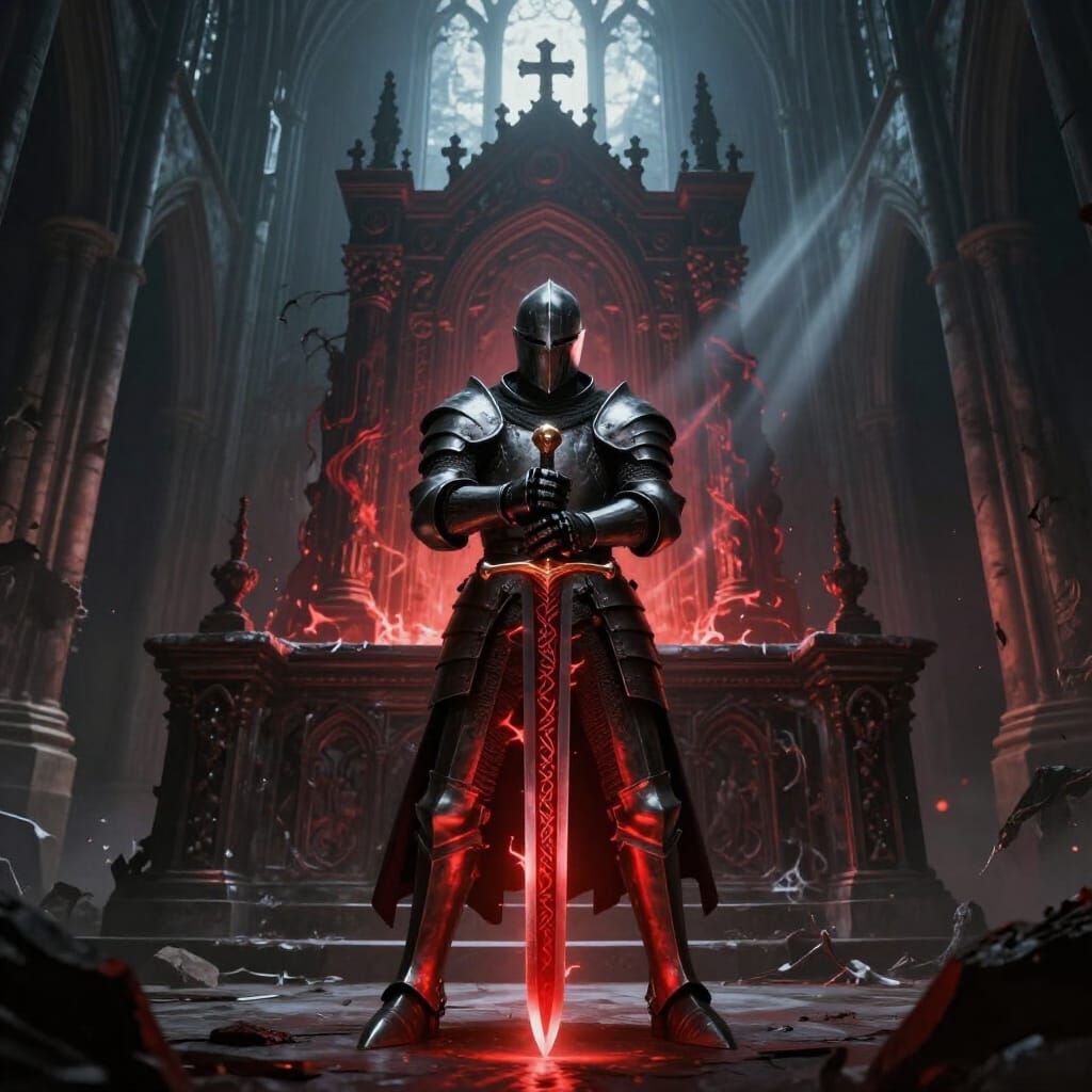 Knight Defends Against Dark Altar in Gothic Cathedral