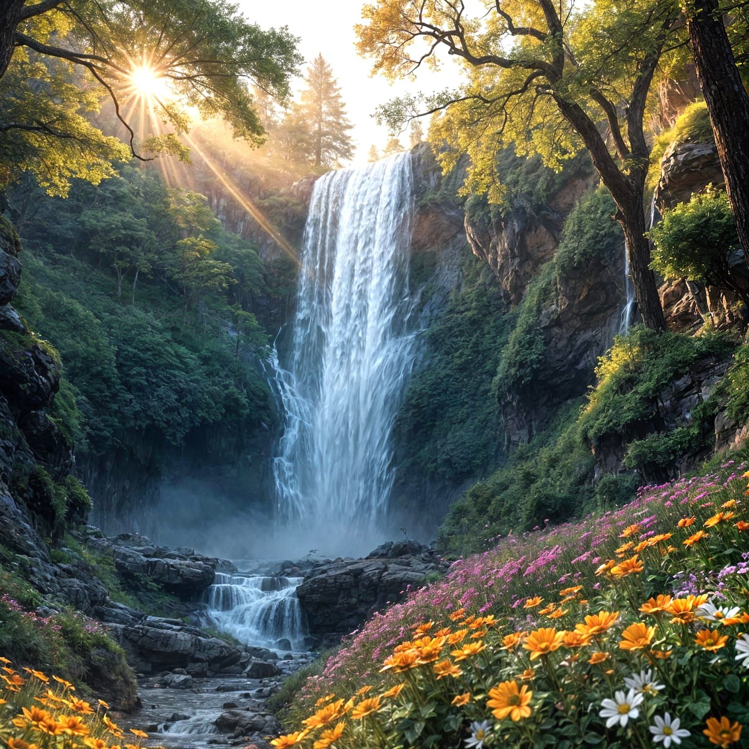 a large beautiful waterfall in springtime and lots of wildfl...