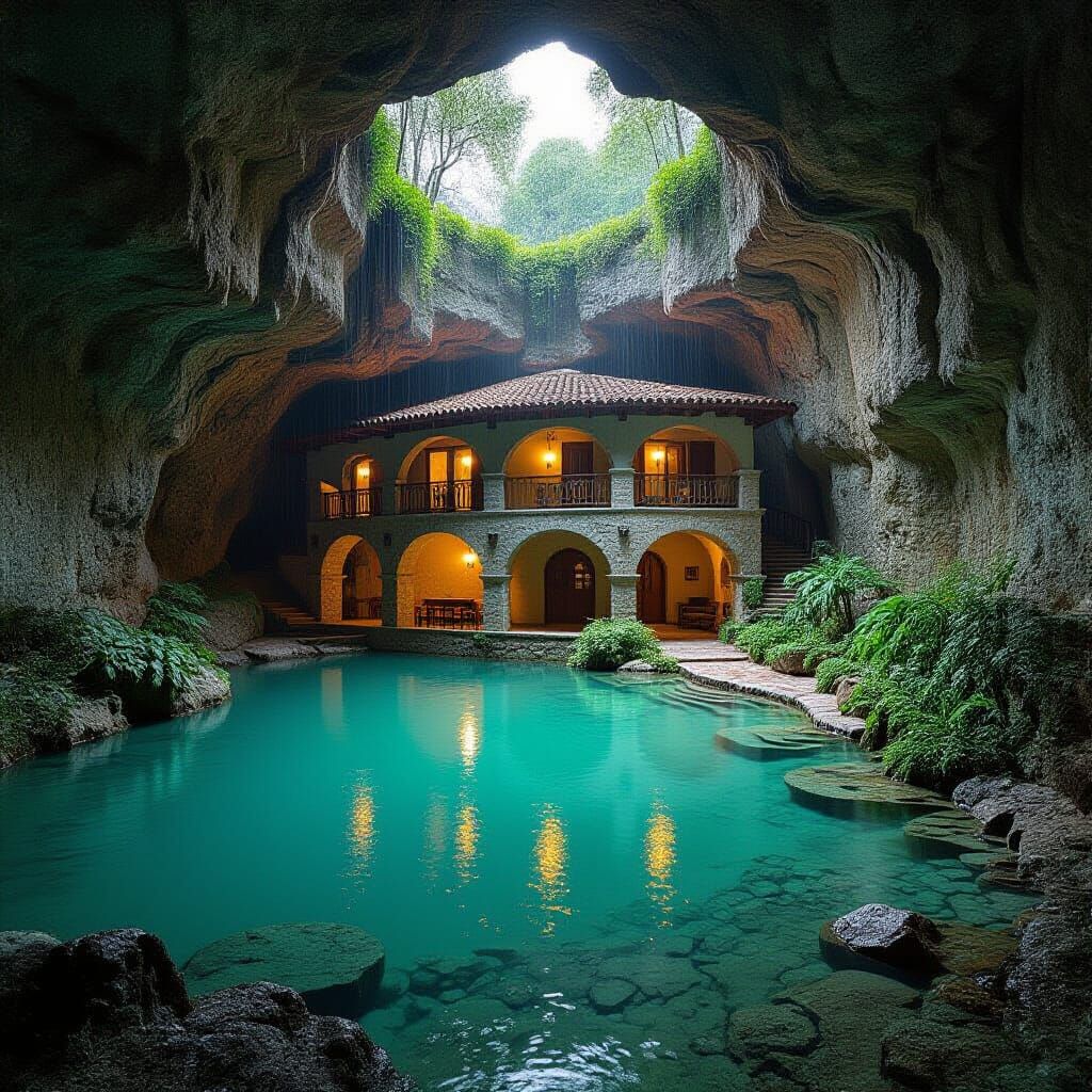 Beautiful House Inside a Cave with Rainwater