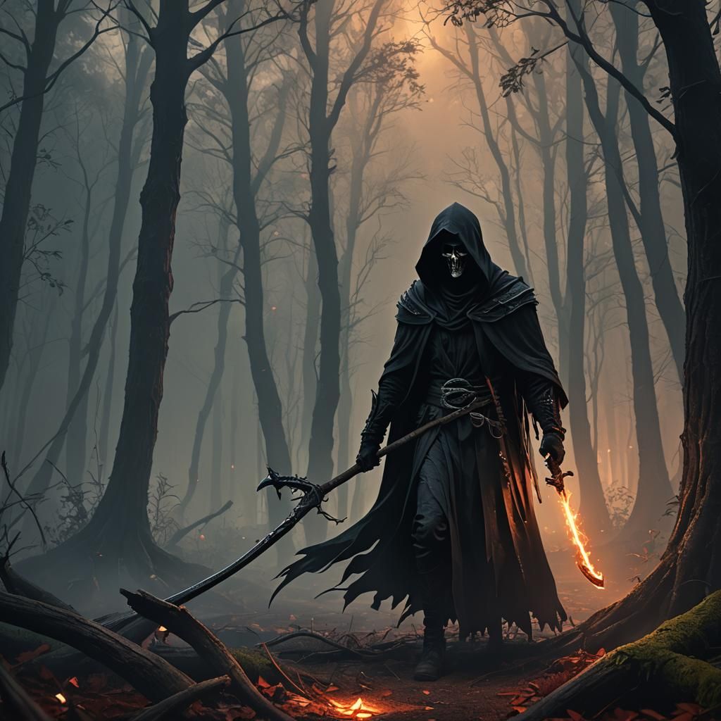 Grim Reaper in Mystical Forest: Digital Art