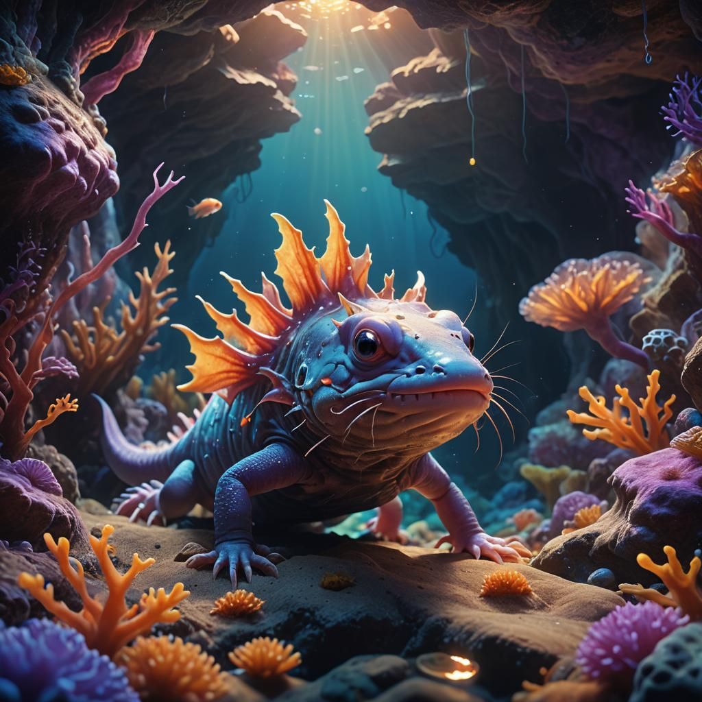 Mystical Axolotl in Bioluminescent Underwater Cavern