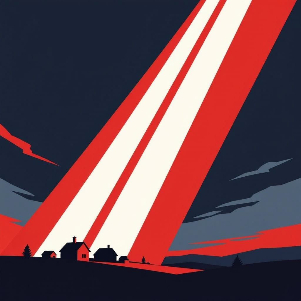 Constructivist Art: Searchlights Illuminate Village Below