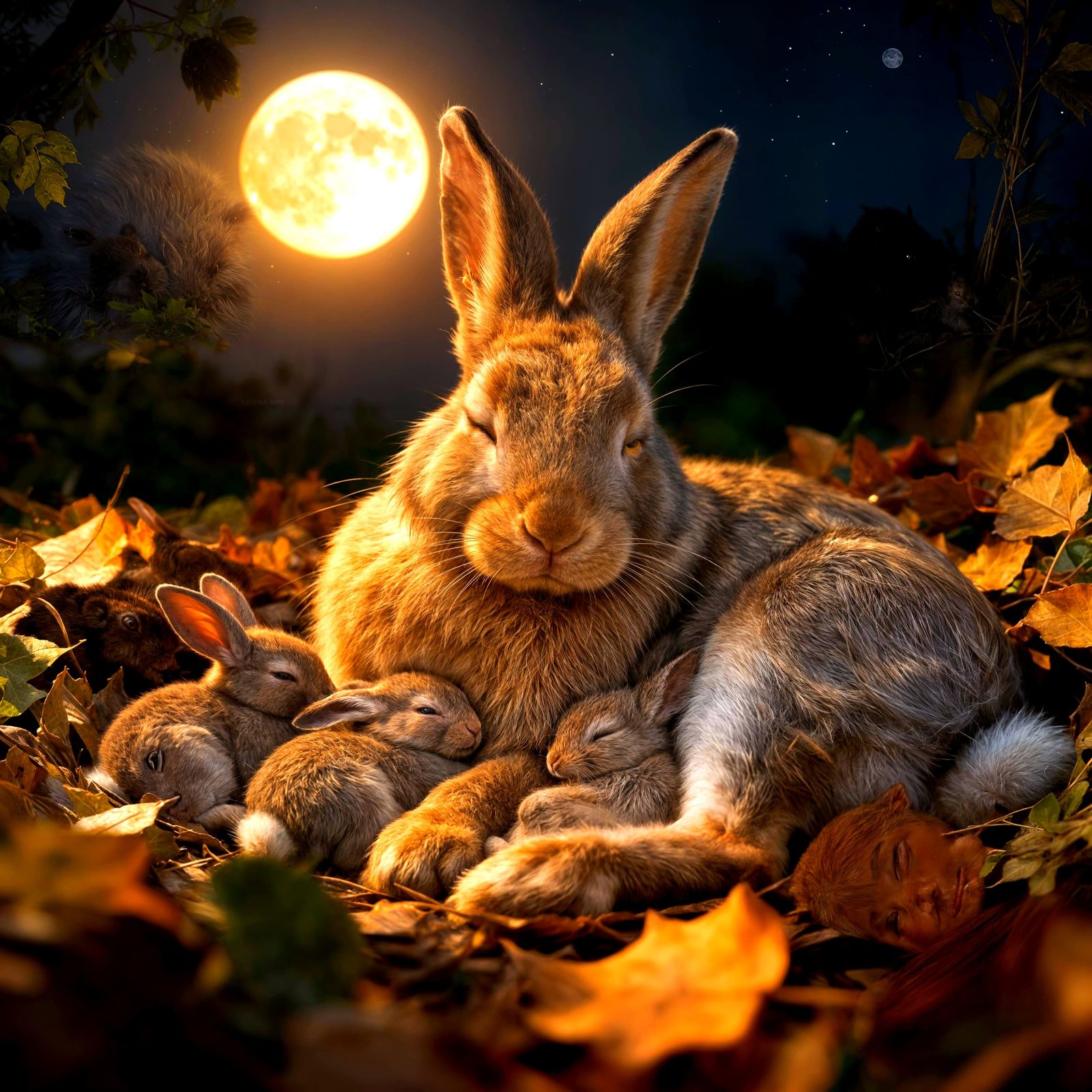 Mother Rabbit Snuggles Baby Bunnies in Moonlight