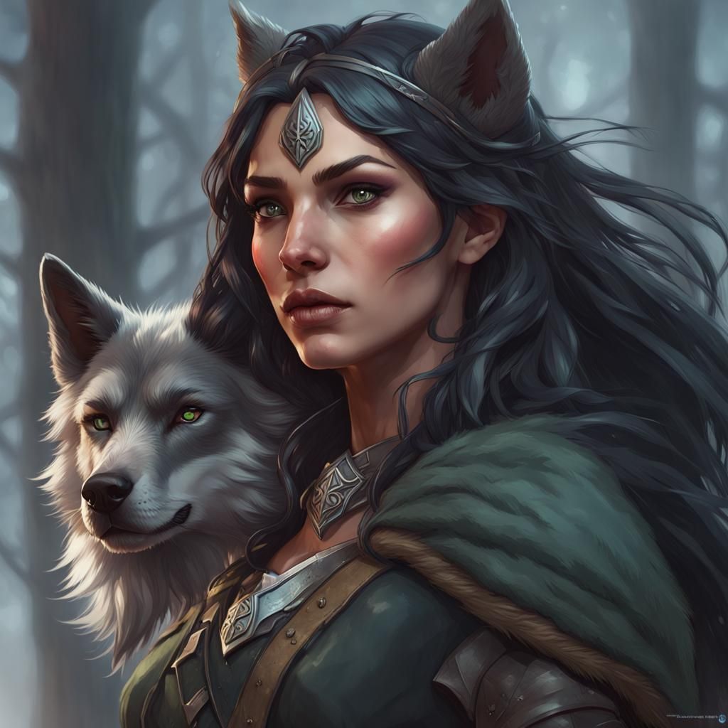 Half-Elf Ranger and Black Wolf Portrait