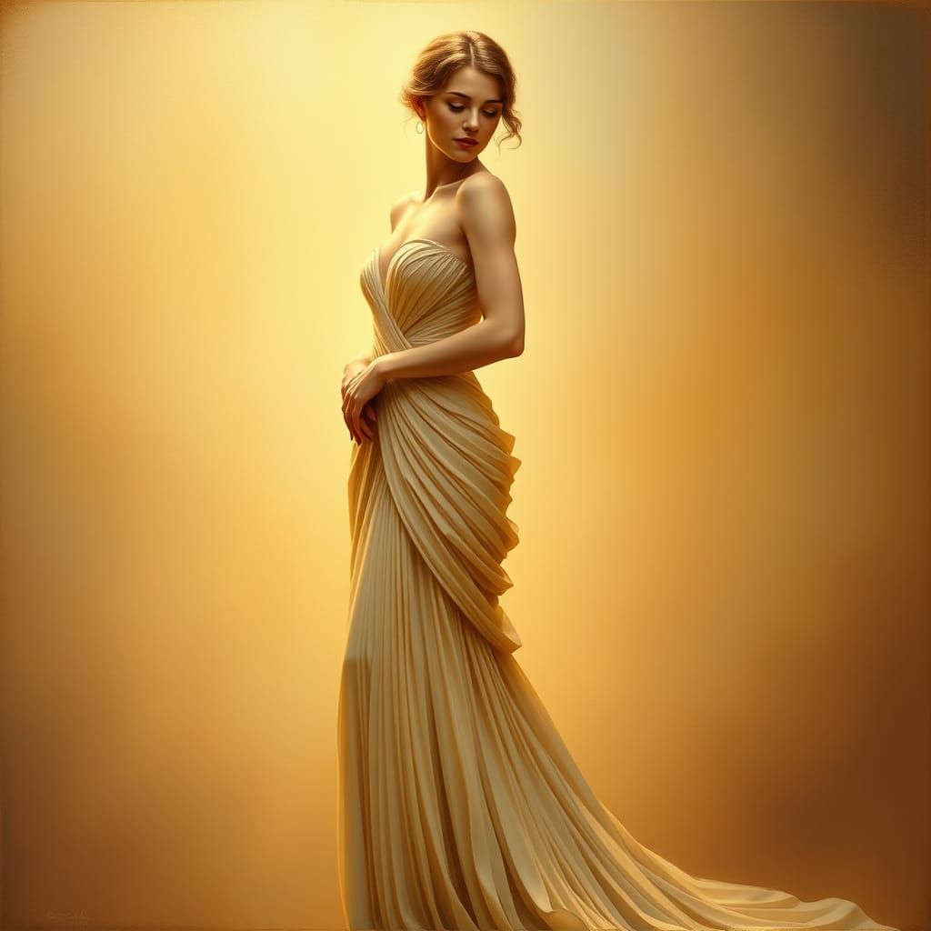Ethereal Woman in Pleated Gown, Art Nouveau Style