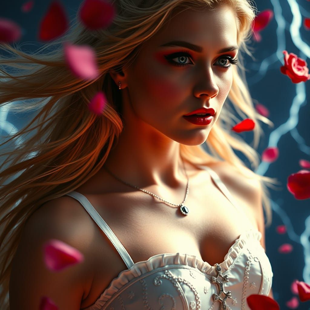 Dramatic Goddess Portrait with Lightning and Roses