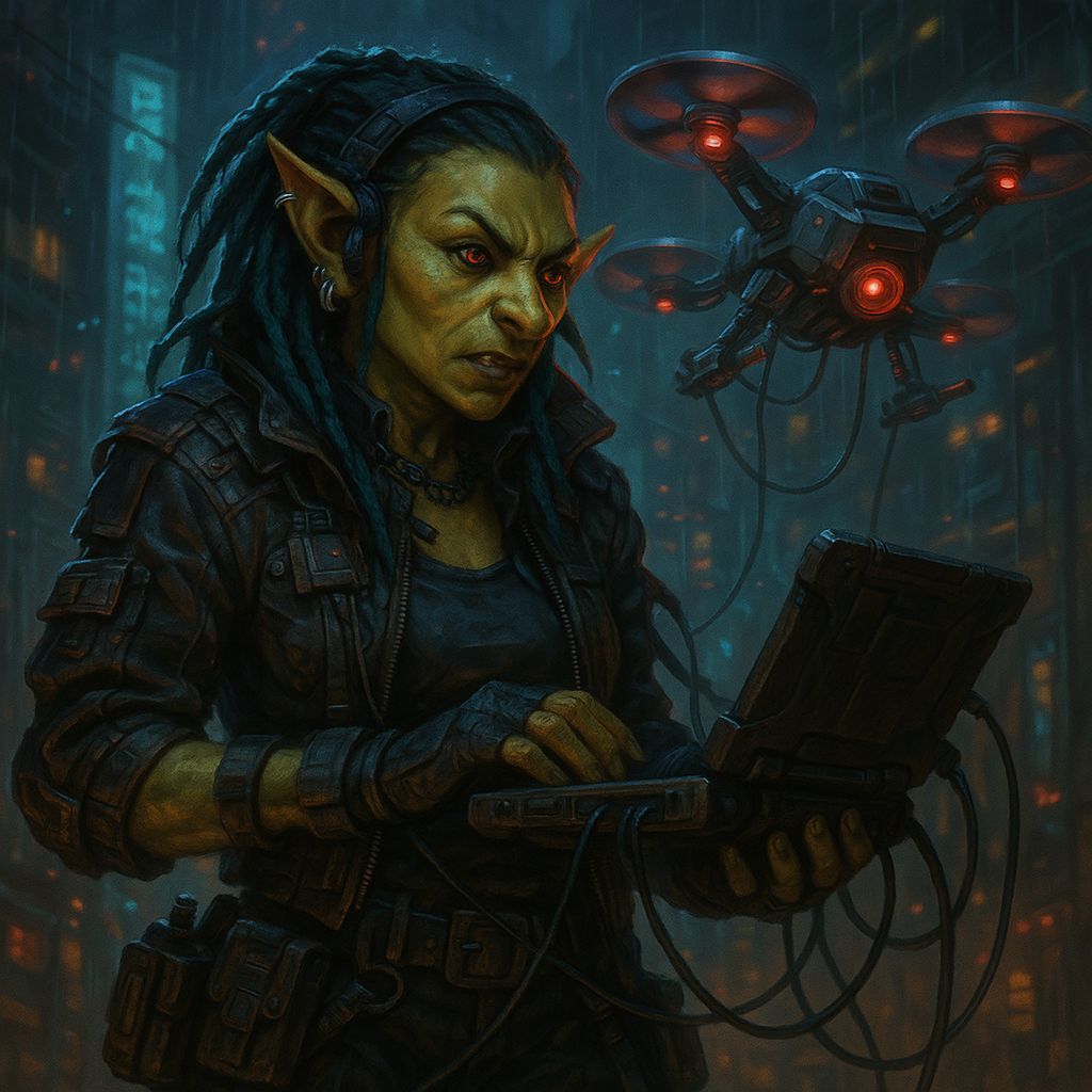 Shadowrun Female Hobgoblin Rigger in Cyberpunk Style