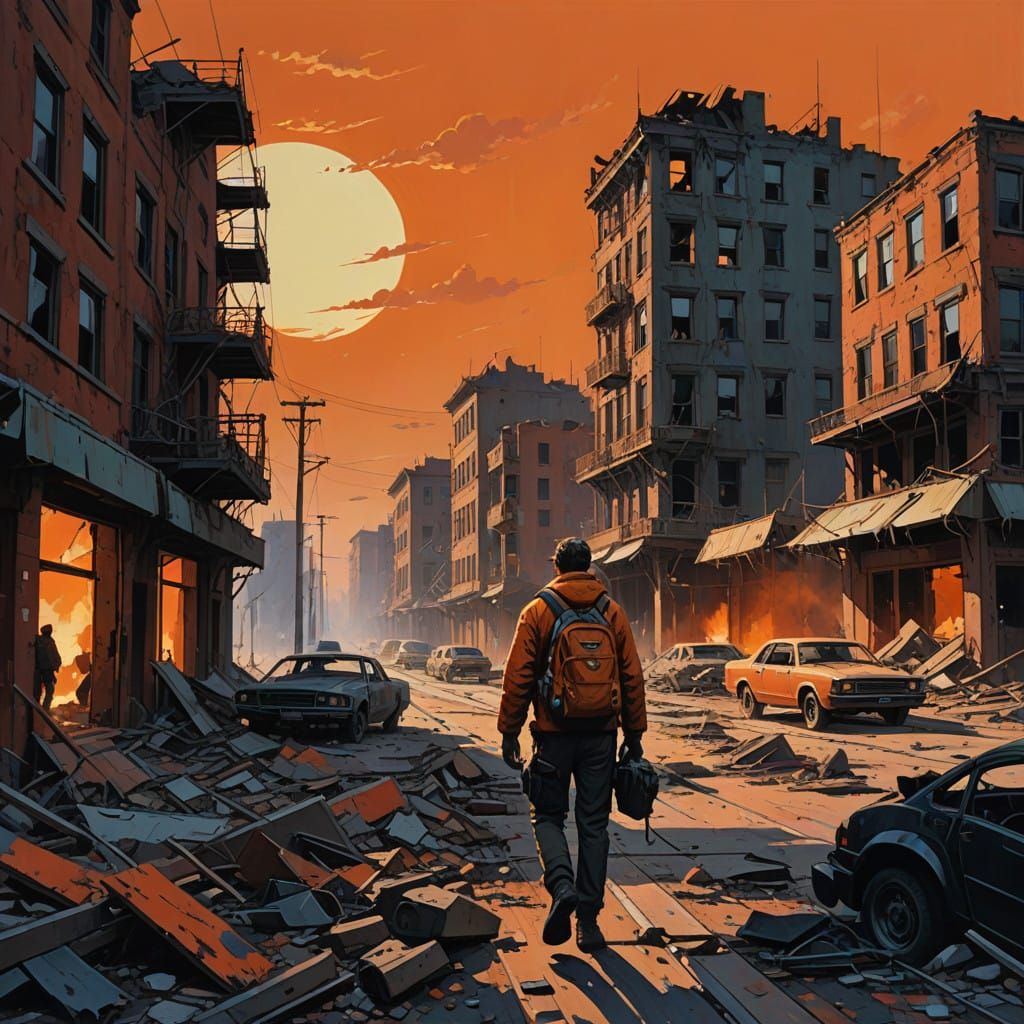 War-Torn Cityscape in Gouache Oil Painting