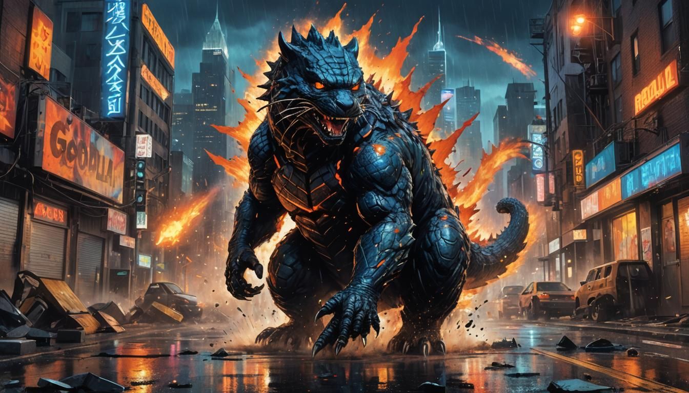 Godzilla Cat City Destruction in Abstract Surrealism