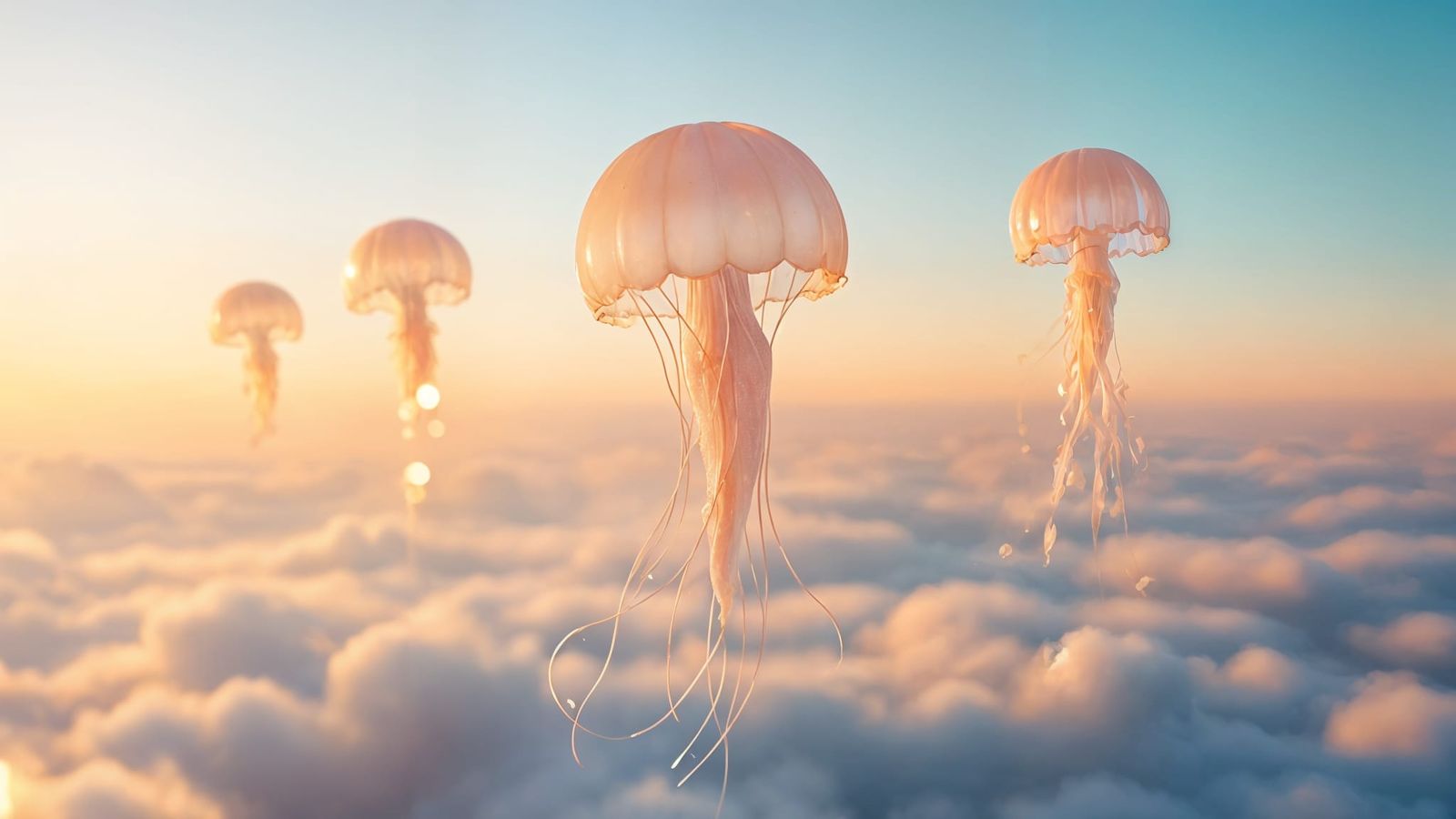 Ethereal Jellyfish Float Above Clouds in Dreamy Sky