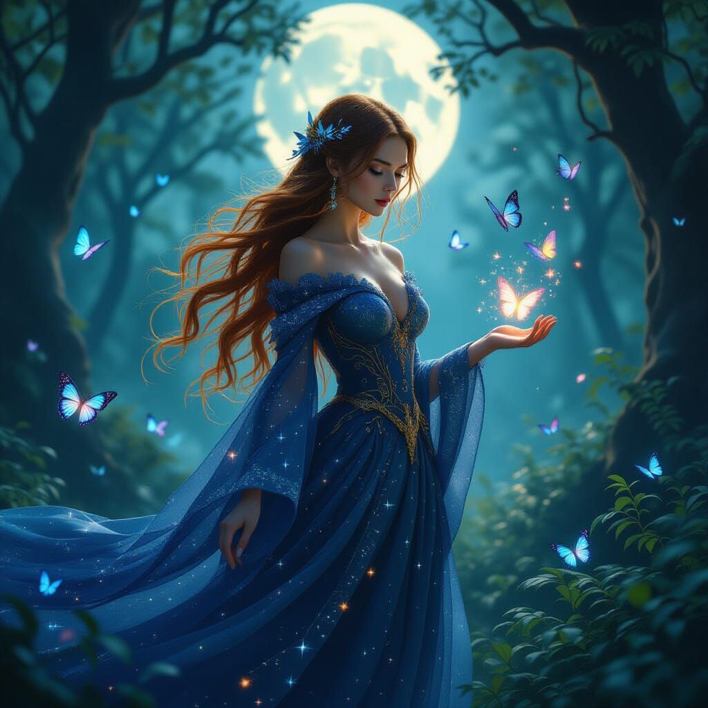 Mystical Sorceress in Forest Clearing, Cinematic Style