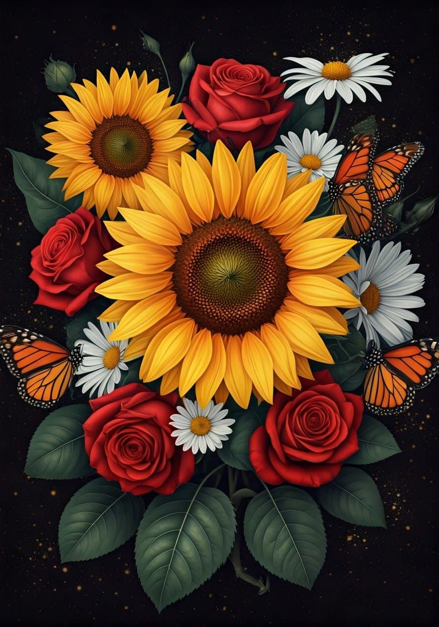 Floral Bouquet with Butterflies in Botanical Art Style