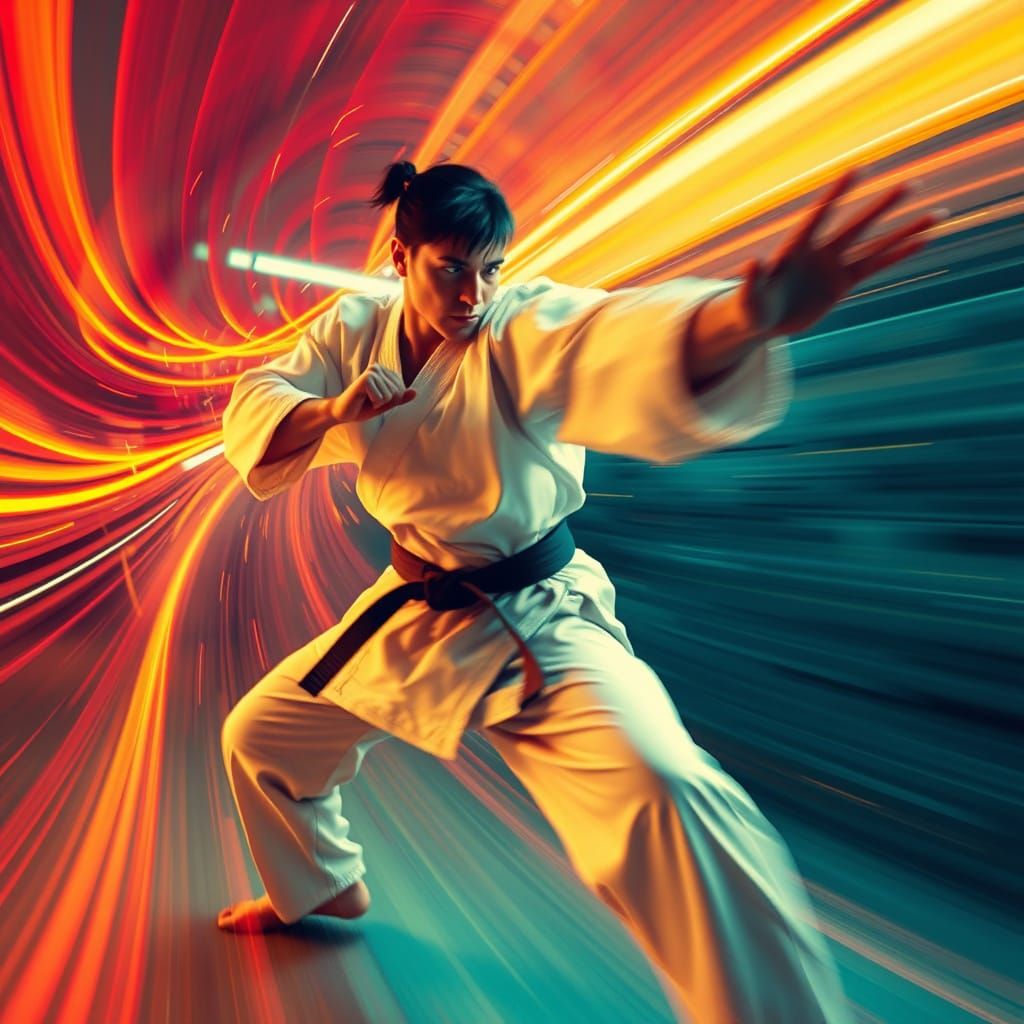 Dynamic Karate Practitioner in Motion with Neon Swirls