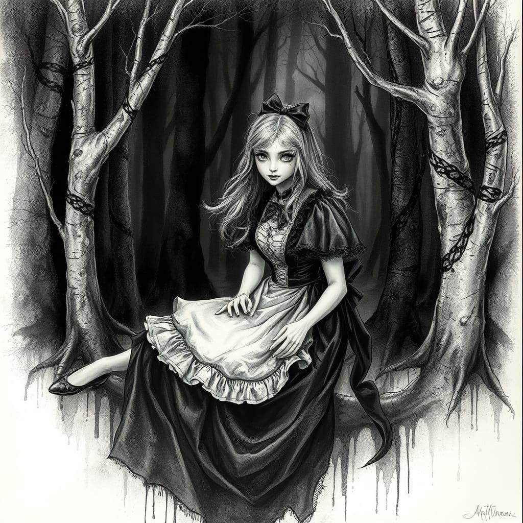 Elegant Victorian Lady in a Mystical Forest, Charcoal Art