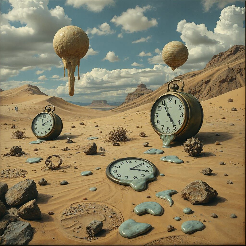 Surreal Desert Landscape with Melting Clocks in Surrealist S...