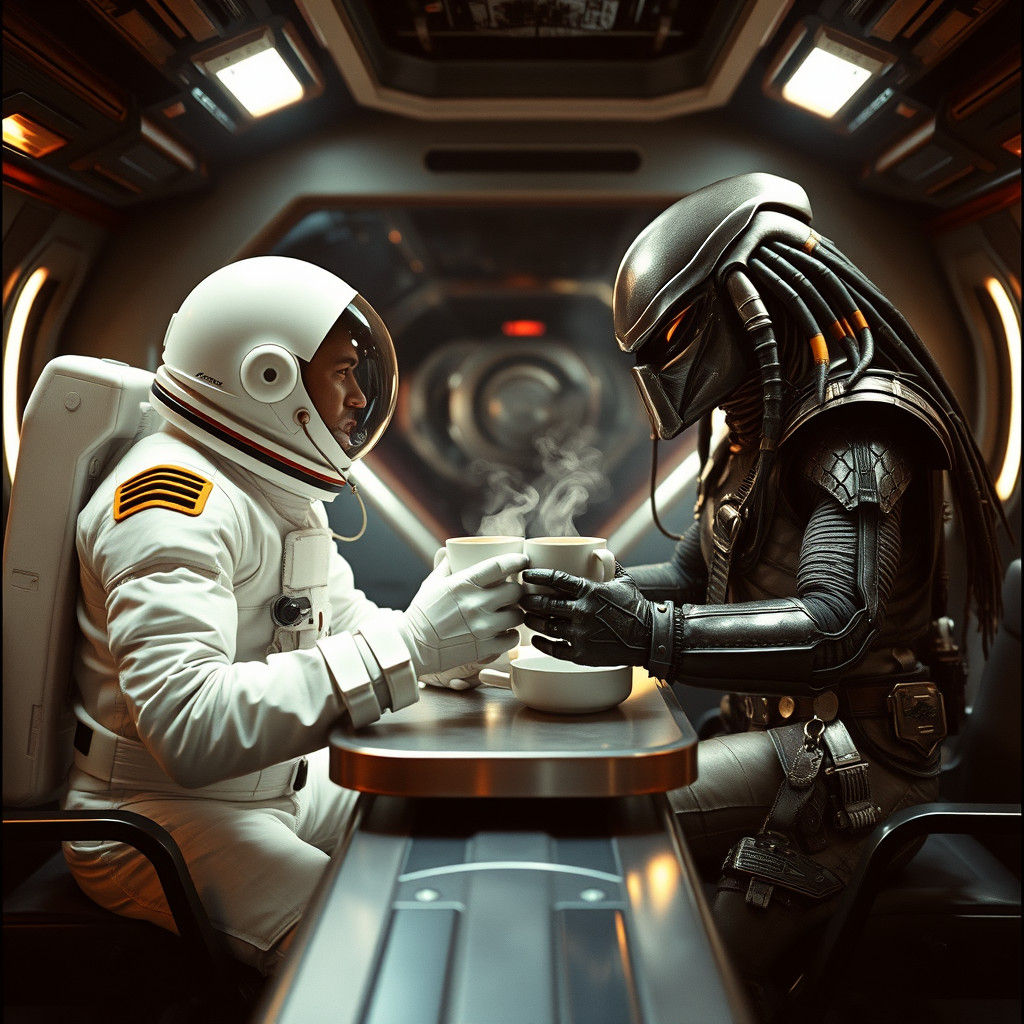 Astronaut and Predator Share Latte in Space Station