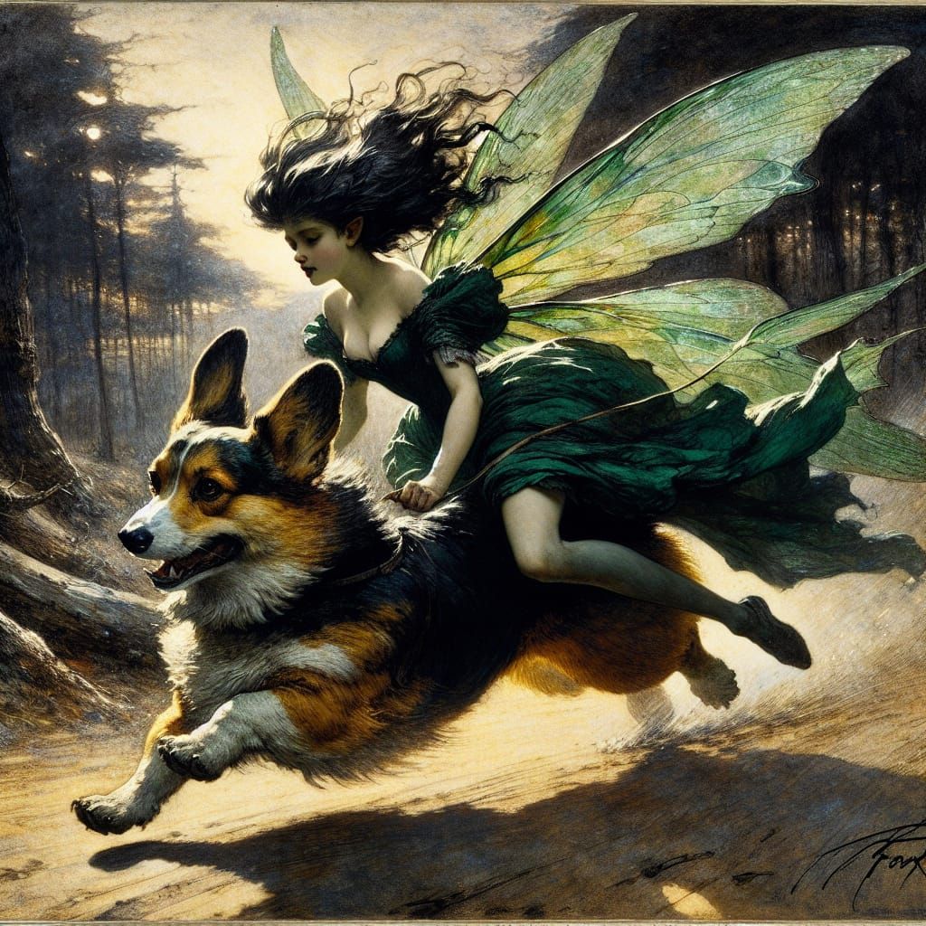 Whimsical Fairy Rides Corgi through Enchanted Forest