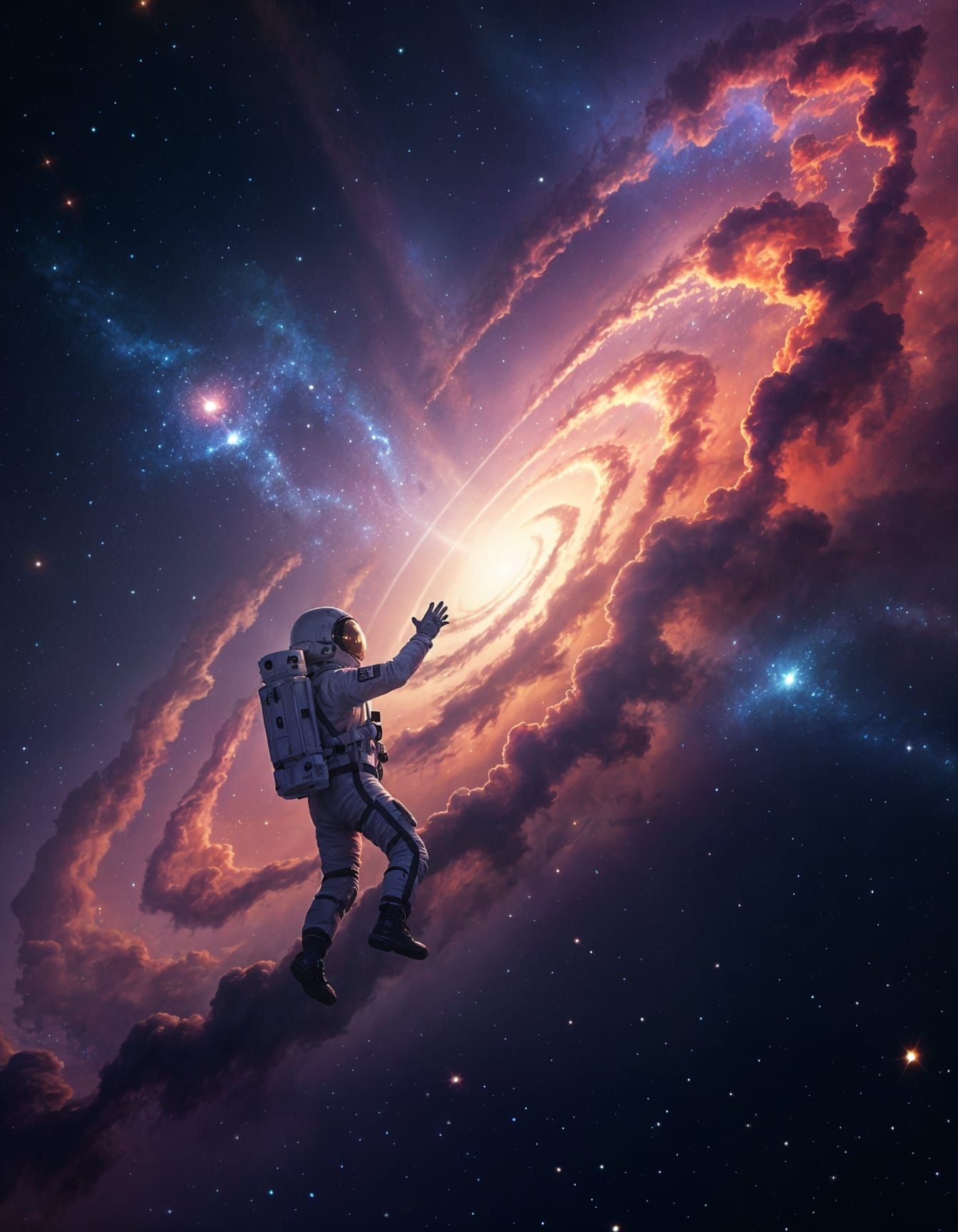 Astronaut Adrift in Swirling Nebula Reaching for Galaxy