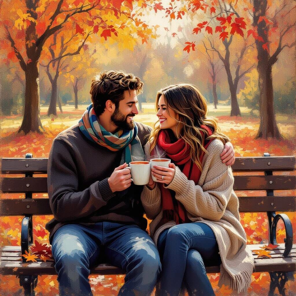 Autumn Romance: Couple Share Cider in Impressionistic Style