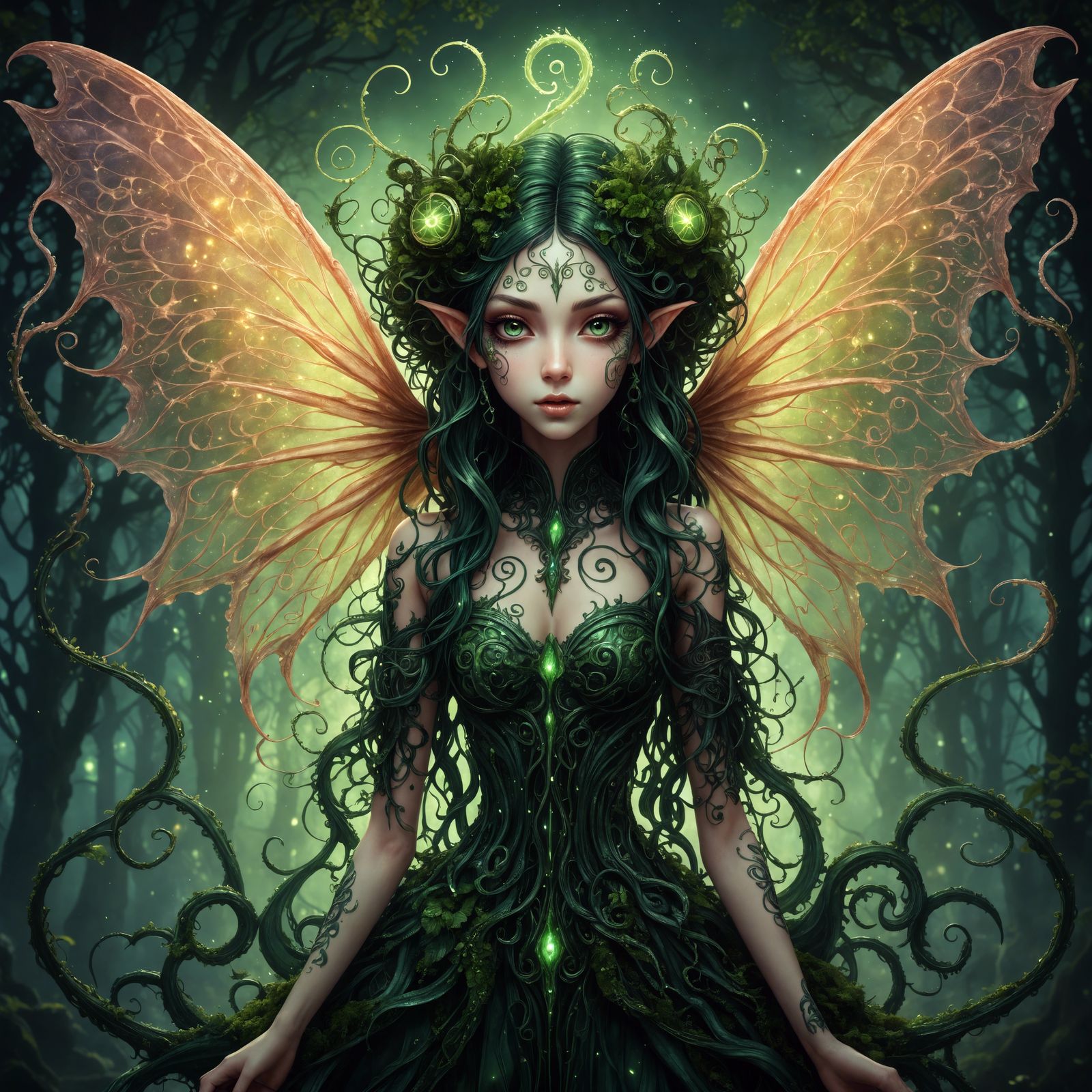 Eldritch Dark Fairy with Glowing Runes in Watercolor Style