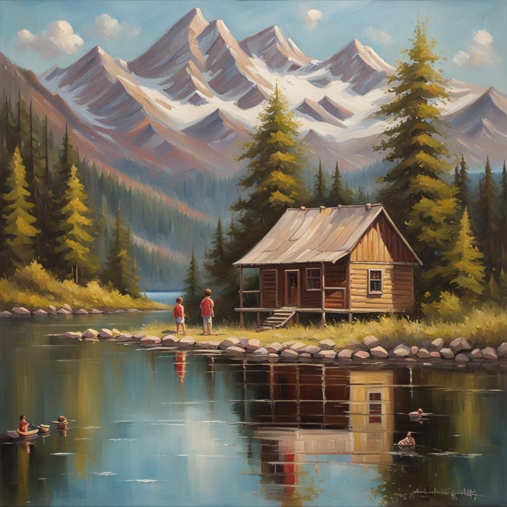 Idyllic Lakeside Cabin as Oil Painting