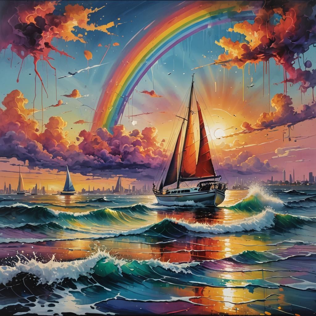 Seaside Sunset Rainbow Sailboat in Graffiti Art Style