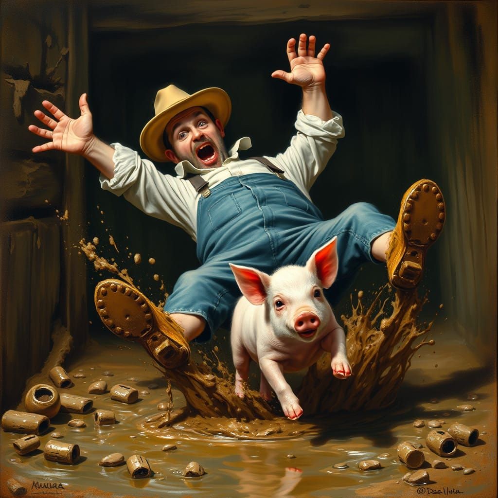 Pig Farmer's Muddy Misfortune: A Humorous Painting