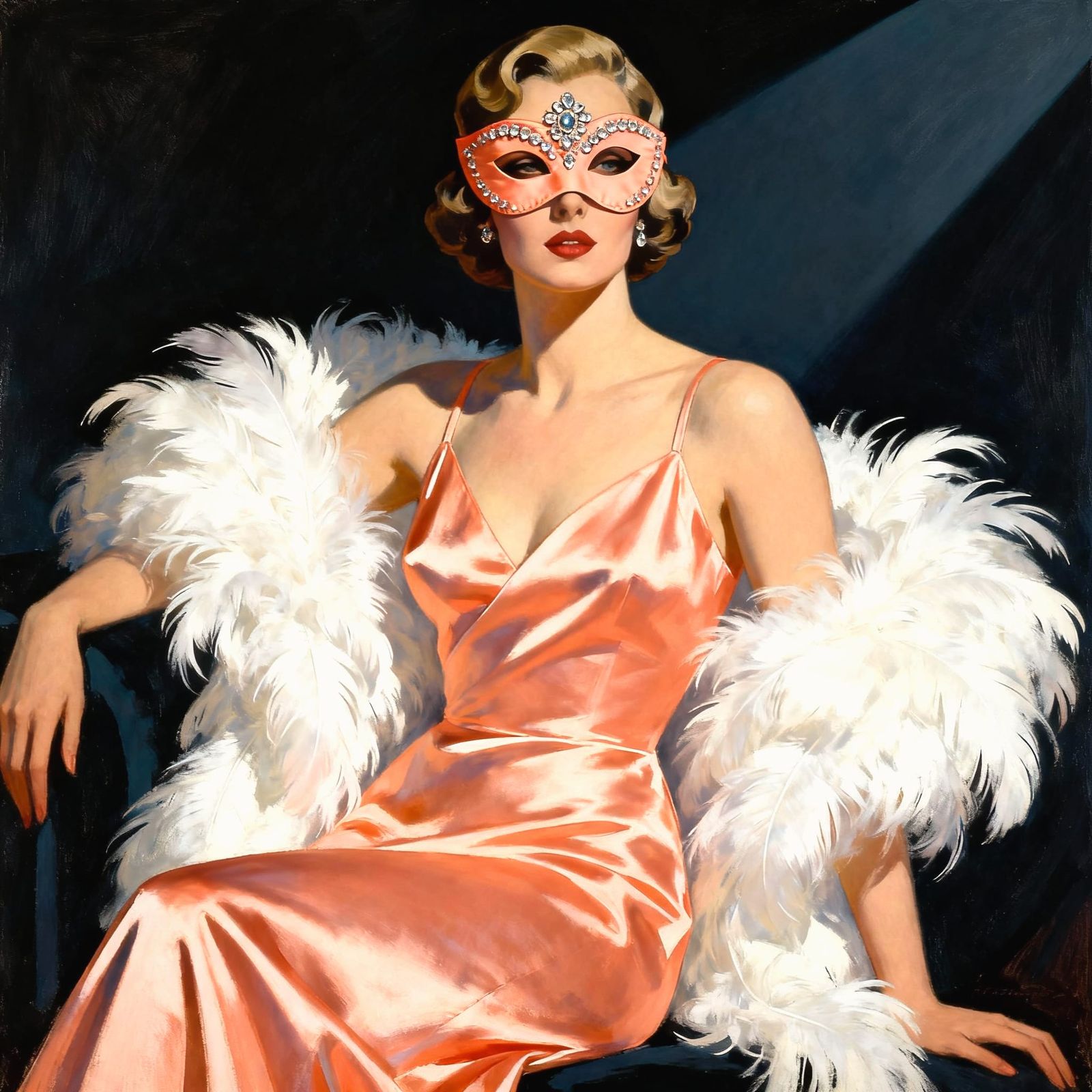 Art Deco Woman in Salmon Satin Dress and Jeweled Mask