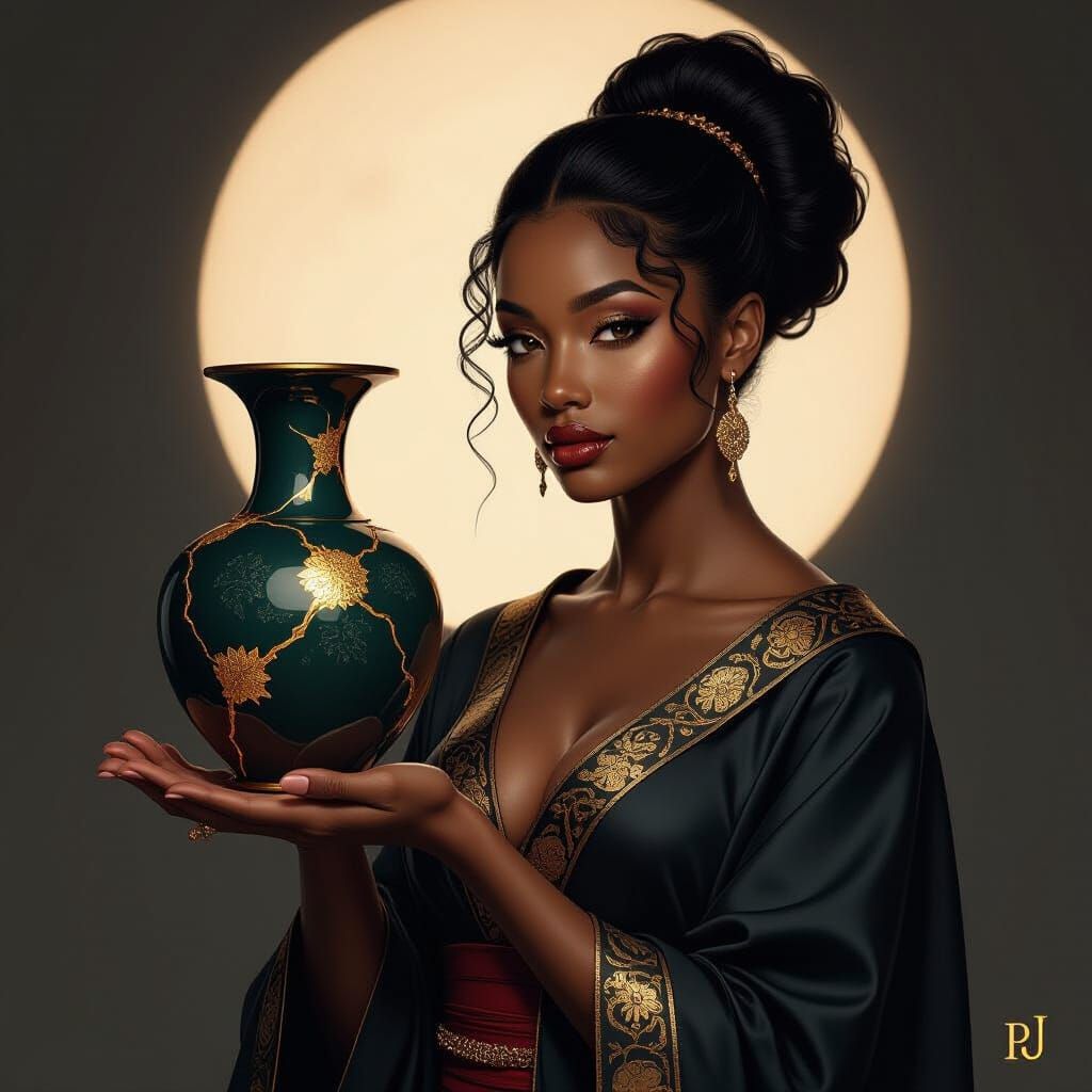 Kintsugi Art with African Beauty & Chiaroscuro Lighting