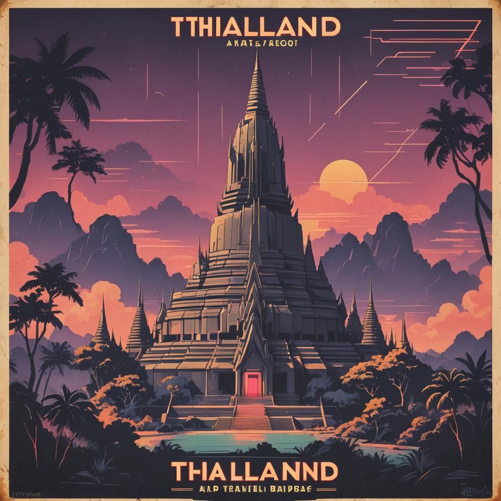 1930s Thailand Brutalist Propaganda Poster in Synthwave Neon