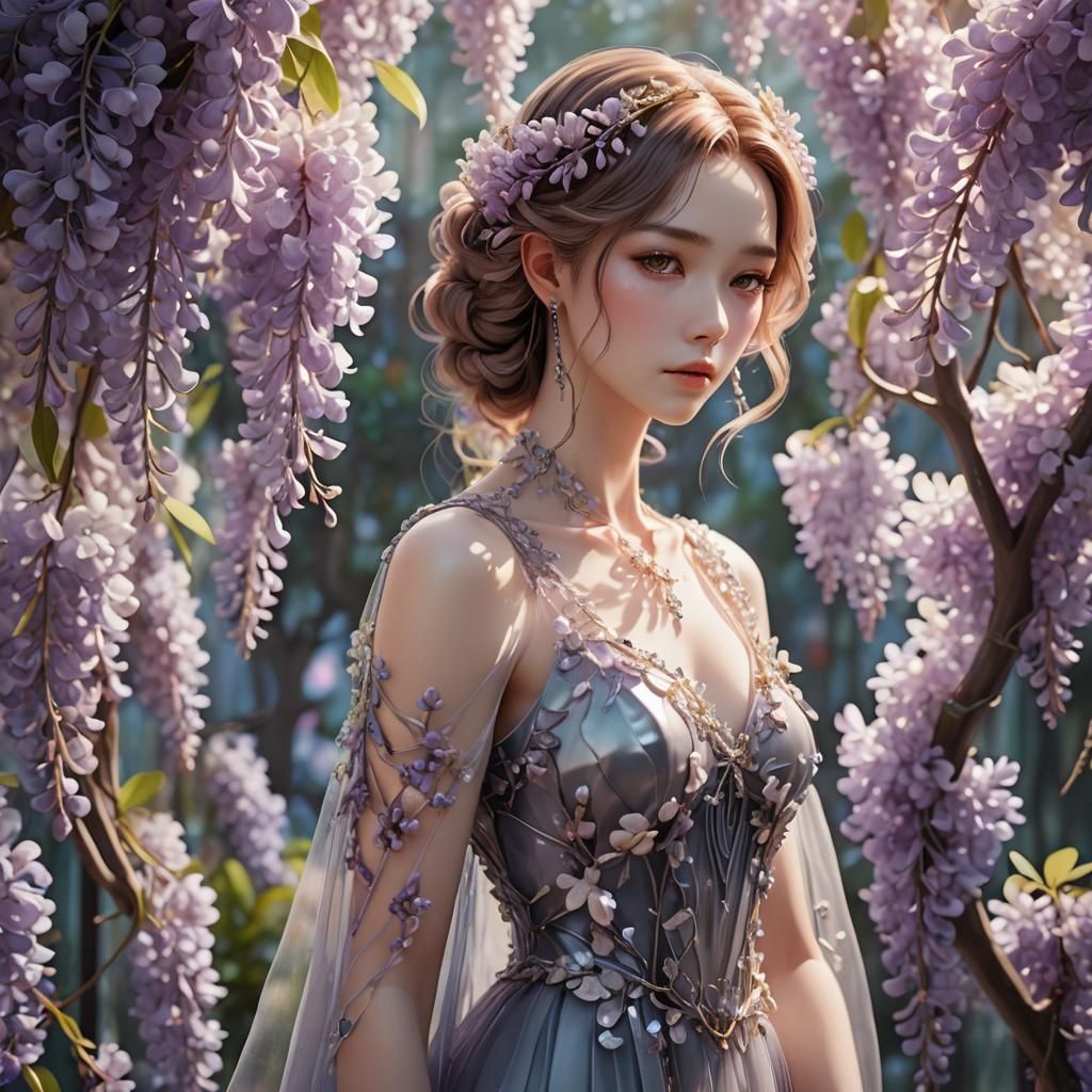 Elegant Anime Woman with Wisteria in Glass, 3D Art