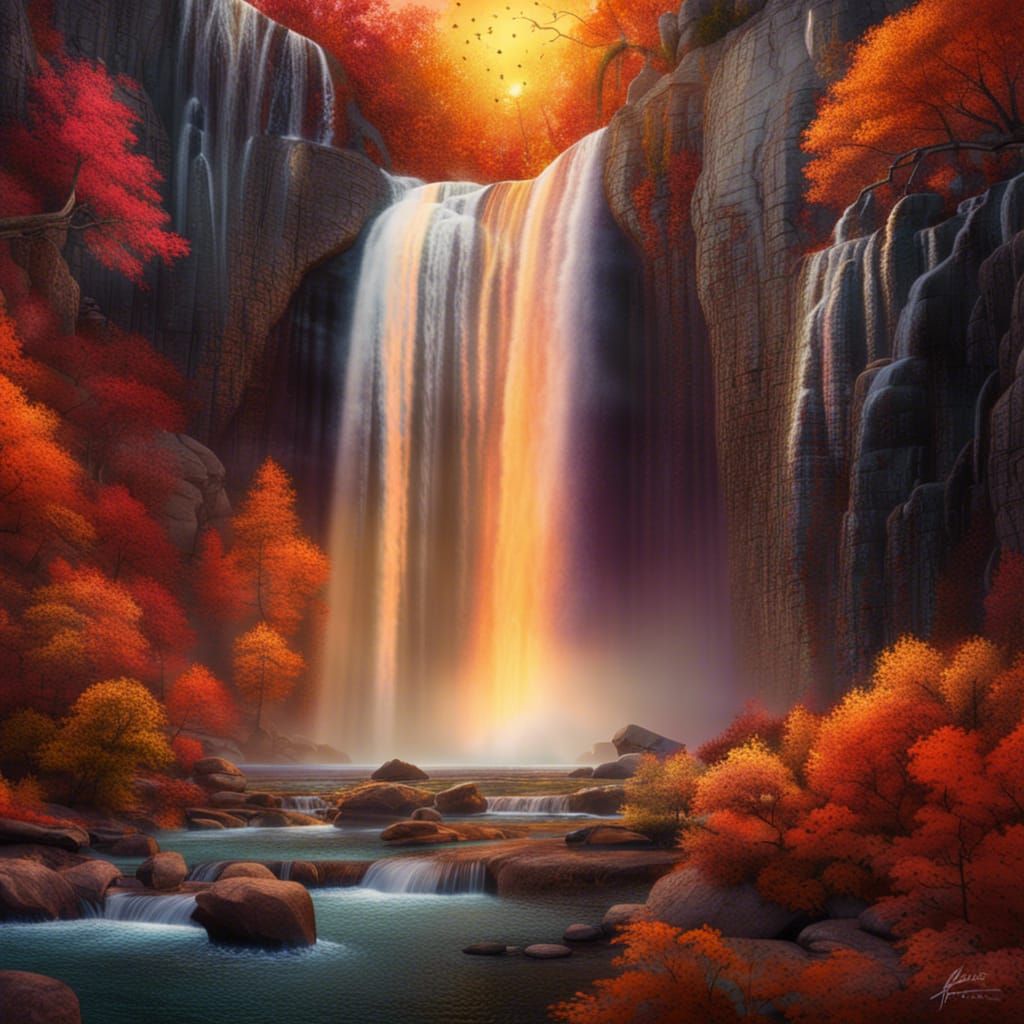 Colorful Autumn Waterfall at Sunset in Hyperrealism