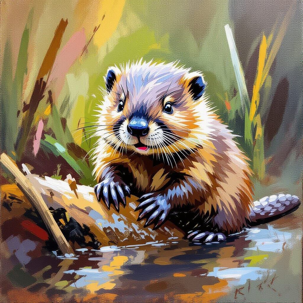 Baby Beaver Building Dam with Bold Strokes