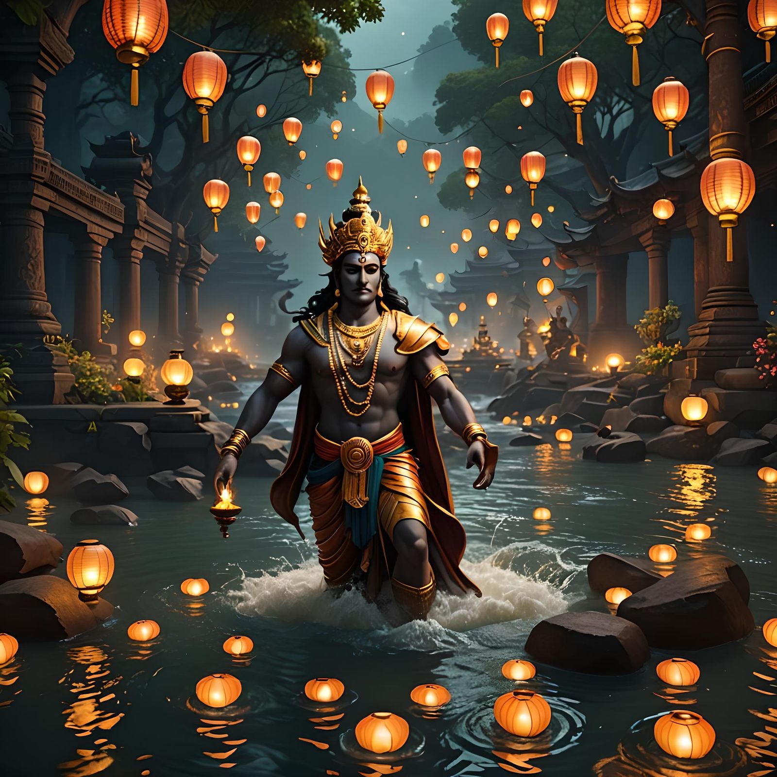 Lord Vishnu in Lantern Light: Detailed Digital Painting