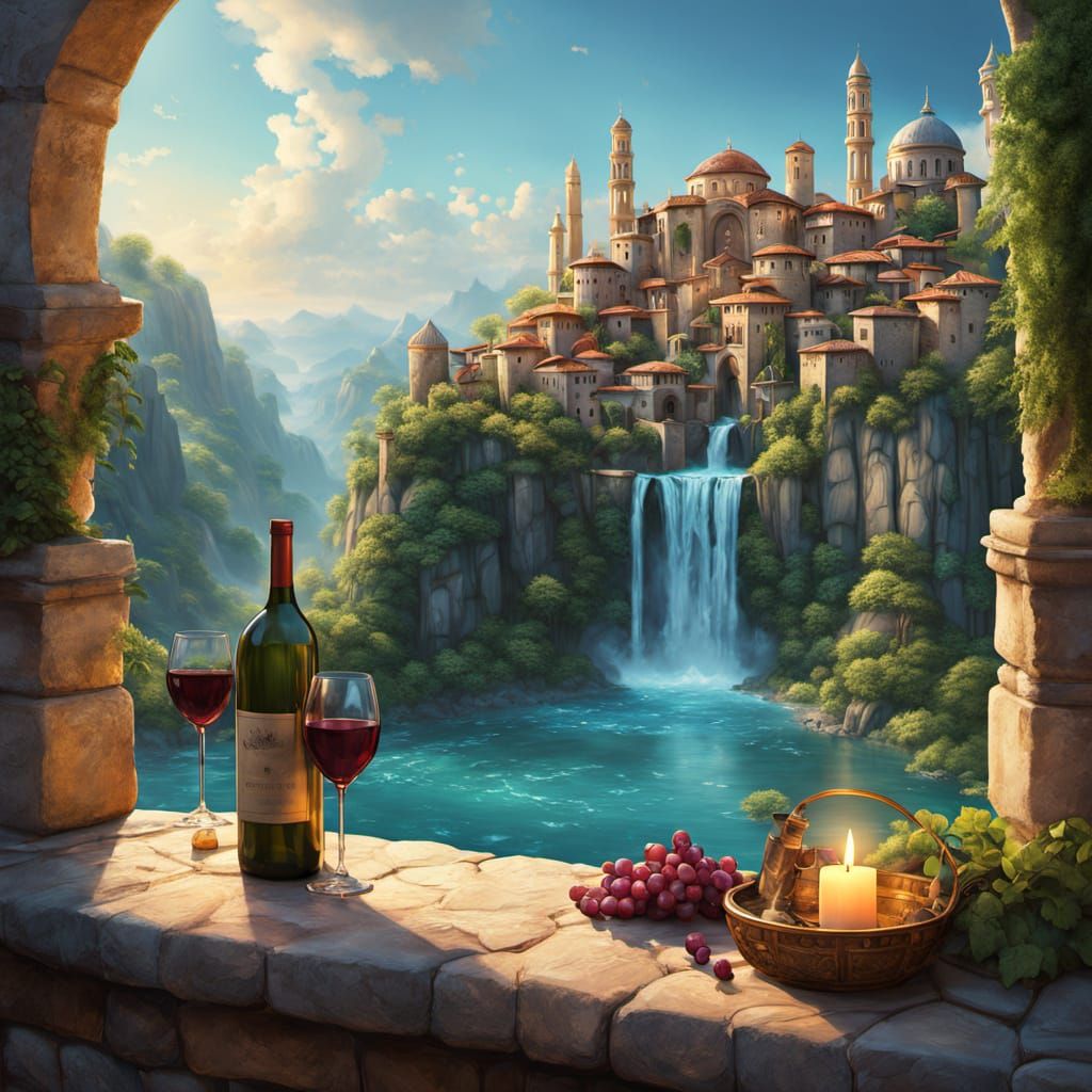 Ancient Fantasy City in Mountains with Waterfall