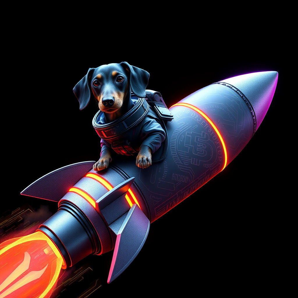 Dachshund in Spacesuit on Bitcoin Rocket: Cyberpunk Art